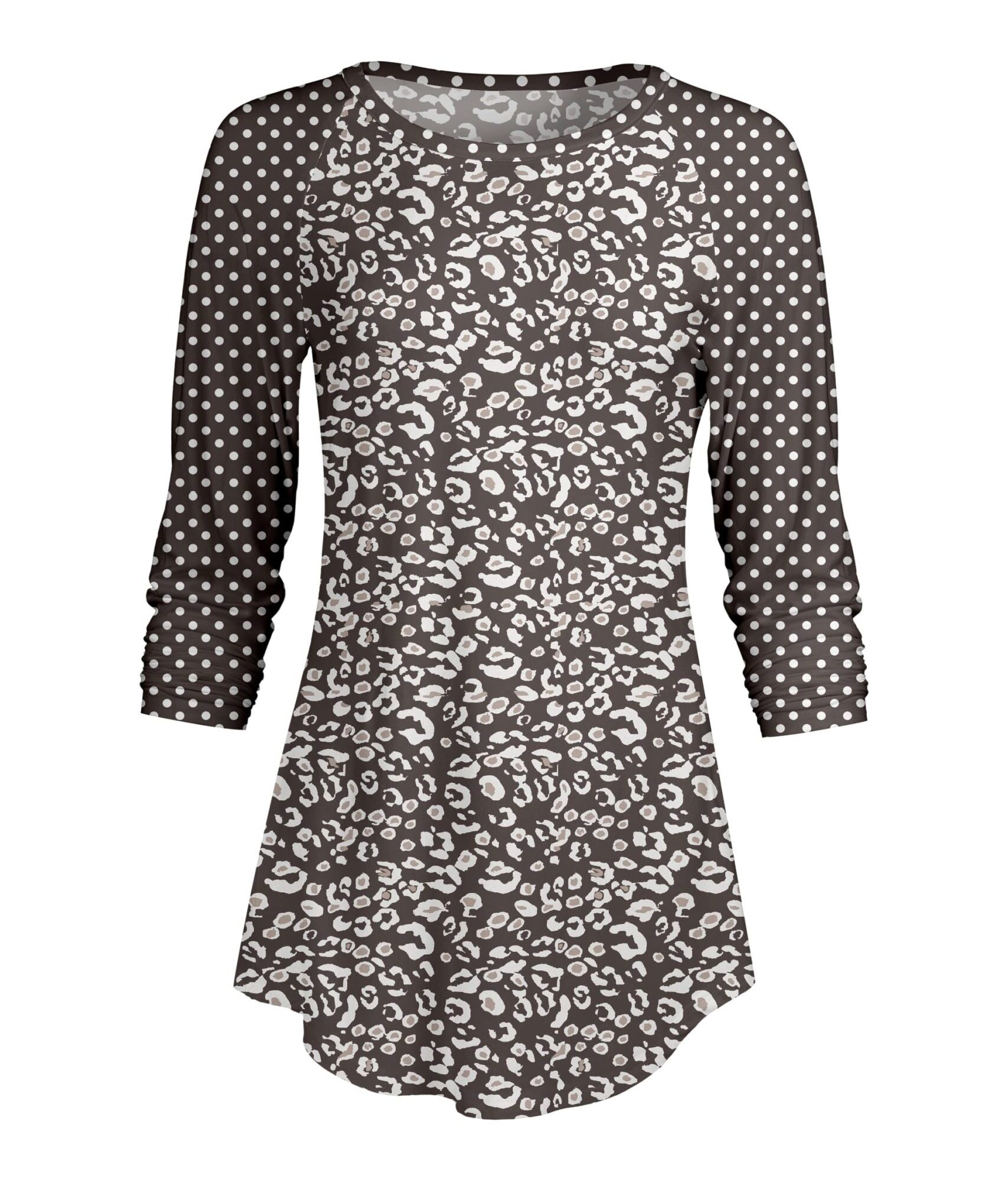 Lily by Firmiana Women's ¾ Sleeve Scoop Neck Tunic Top Grey and White Leopardal