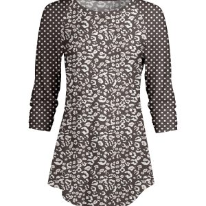 Lily by Firmiana Women's ¾ Sleeve Scoop Neck Tunic Top Grey and White Leopard