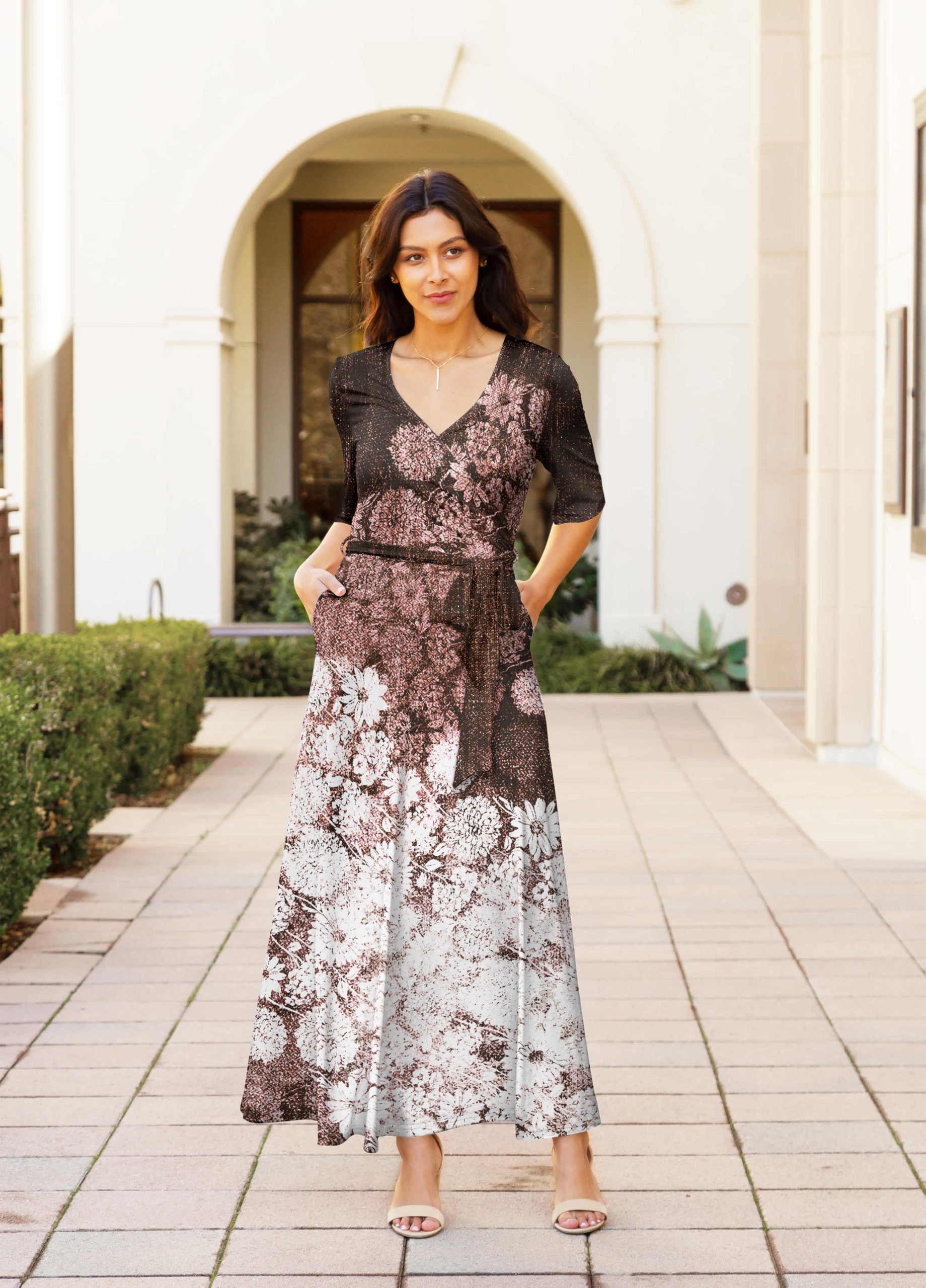 Lily by Firmiana Women's ? Sleeve Wrap-Style Maxi Dress with Tie Brown & White Abstract Floral