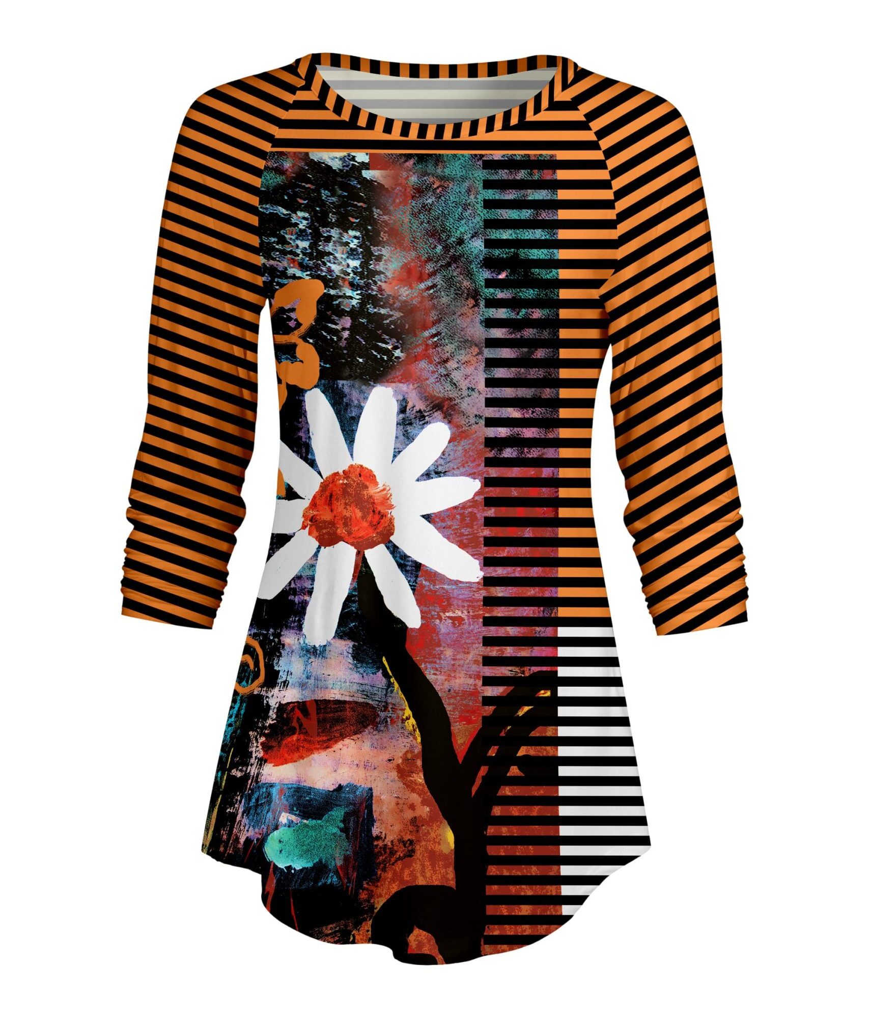 Lily by Firmiana Women's ¾ Sleeve Scoop Neck Tunic Top Orange & Black Daisy Stripe