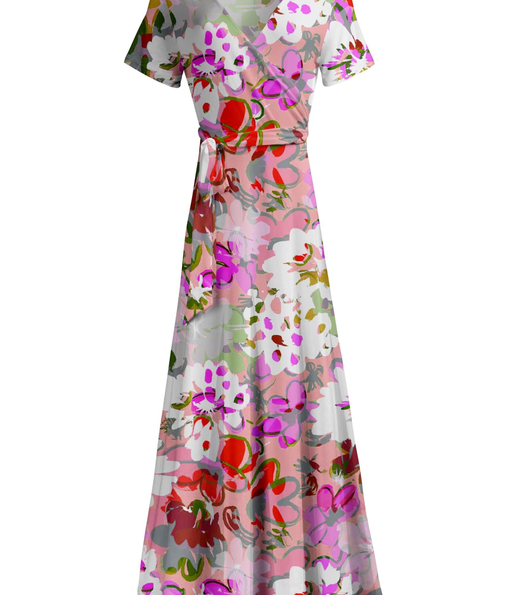 Lily by Firmiana Women's Short Sleeve Wrap-Style Maxi Dress with Tie White & Multicolor Floral Abstract