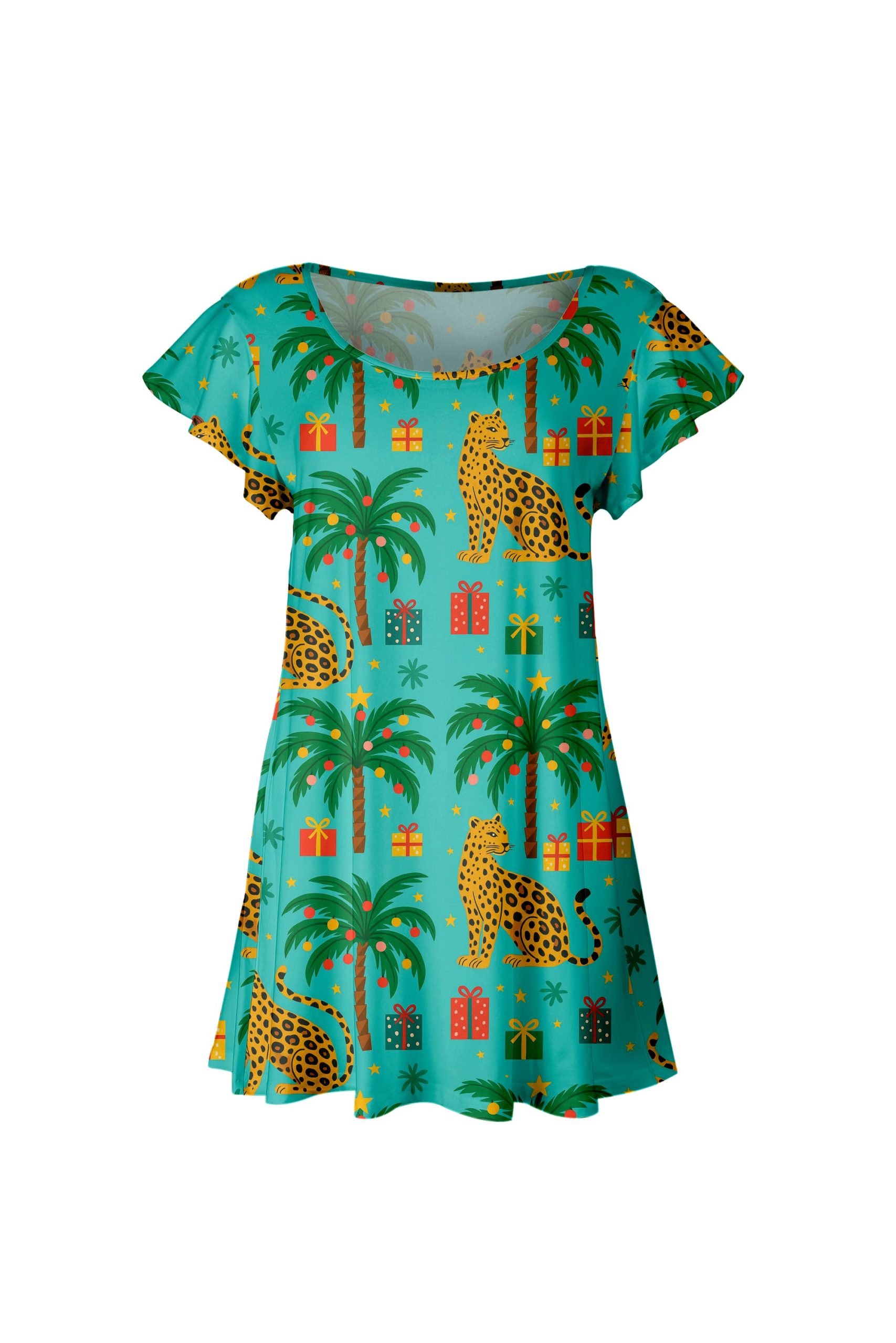 Lily by Firmiana Women's Short Sleeve Flutter Hem Tunic Top Green Palm Tree Holiday Print - Image 3