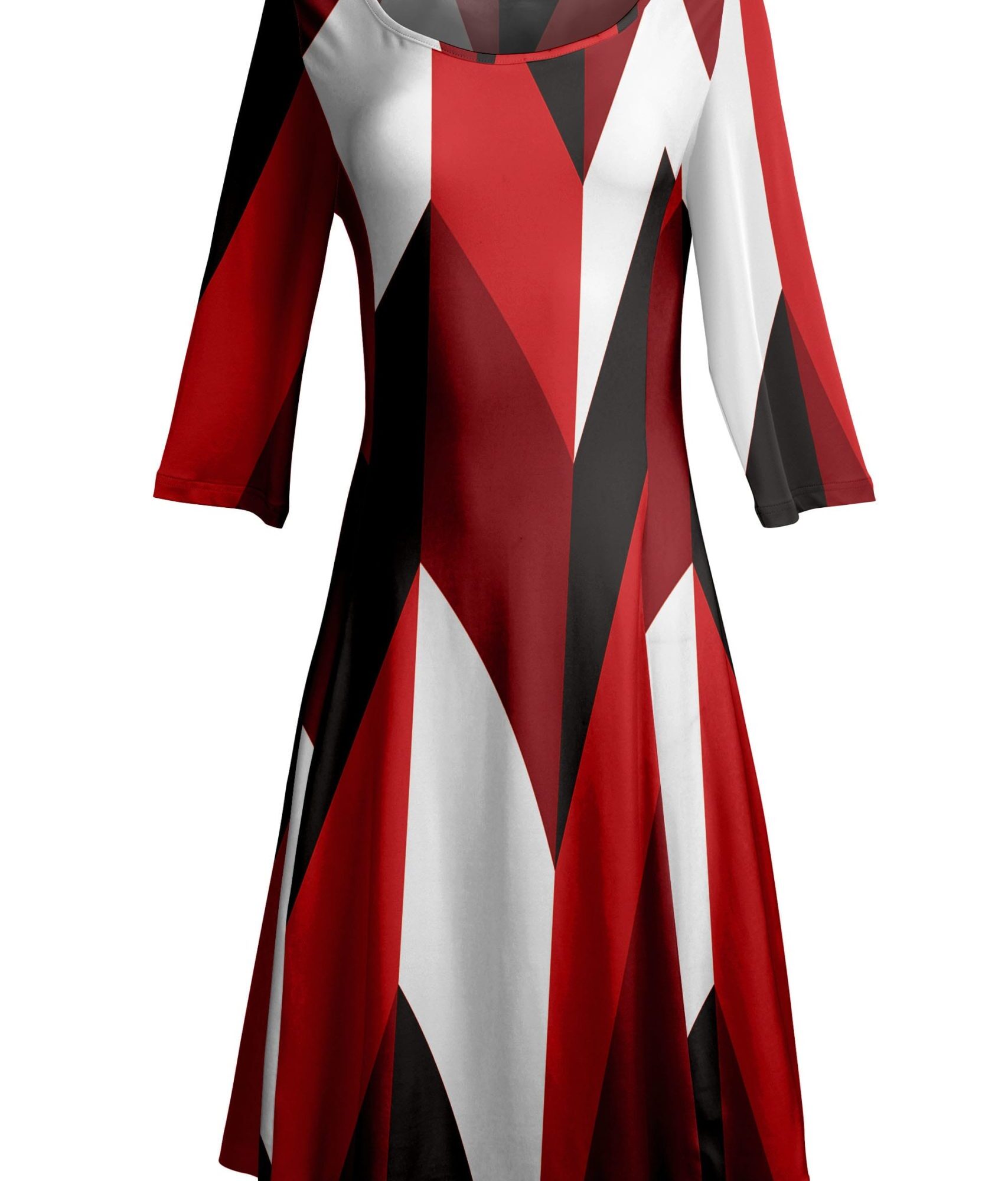 Lily by Firmiana Women's ¾ Sleeve Fit-and-Flare Dress Red. Black & White Geometric