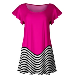 Lily by Firmiana Women's Short Sleeve Flutter Hem Tunic Top Hot Pink & Black Chevron Hem