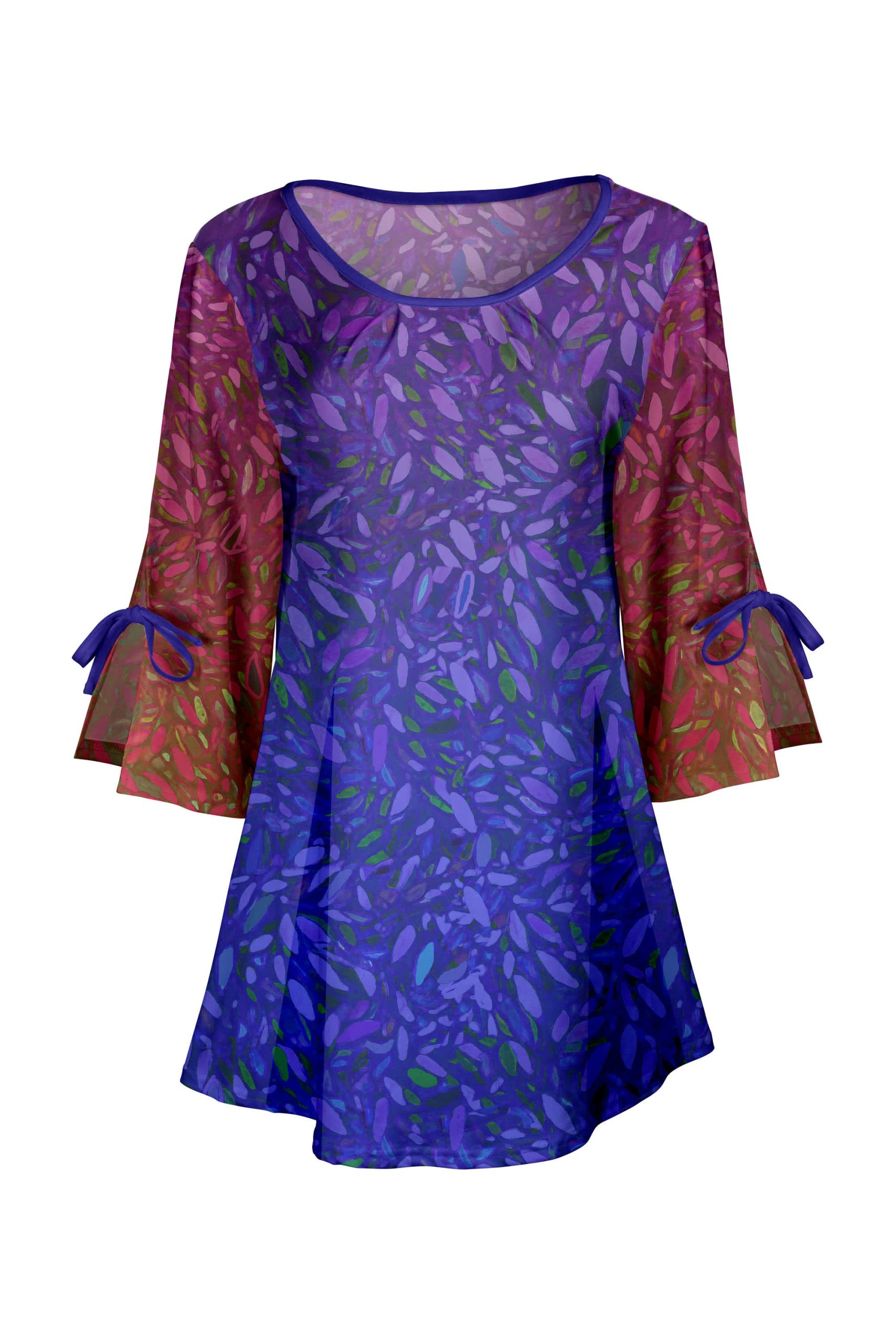 Lily by Firmiana Women's Round Neck Tunic with Split Hem ¾ Sleeves and Tie Detail Purple & Blue Abstract Floral - Image 2
