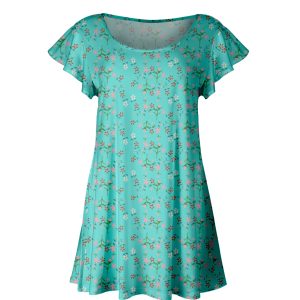 Lily by Firmiana Women's Short Sleeve Flutter Hem Tunic Top Aqua Floral Print