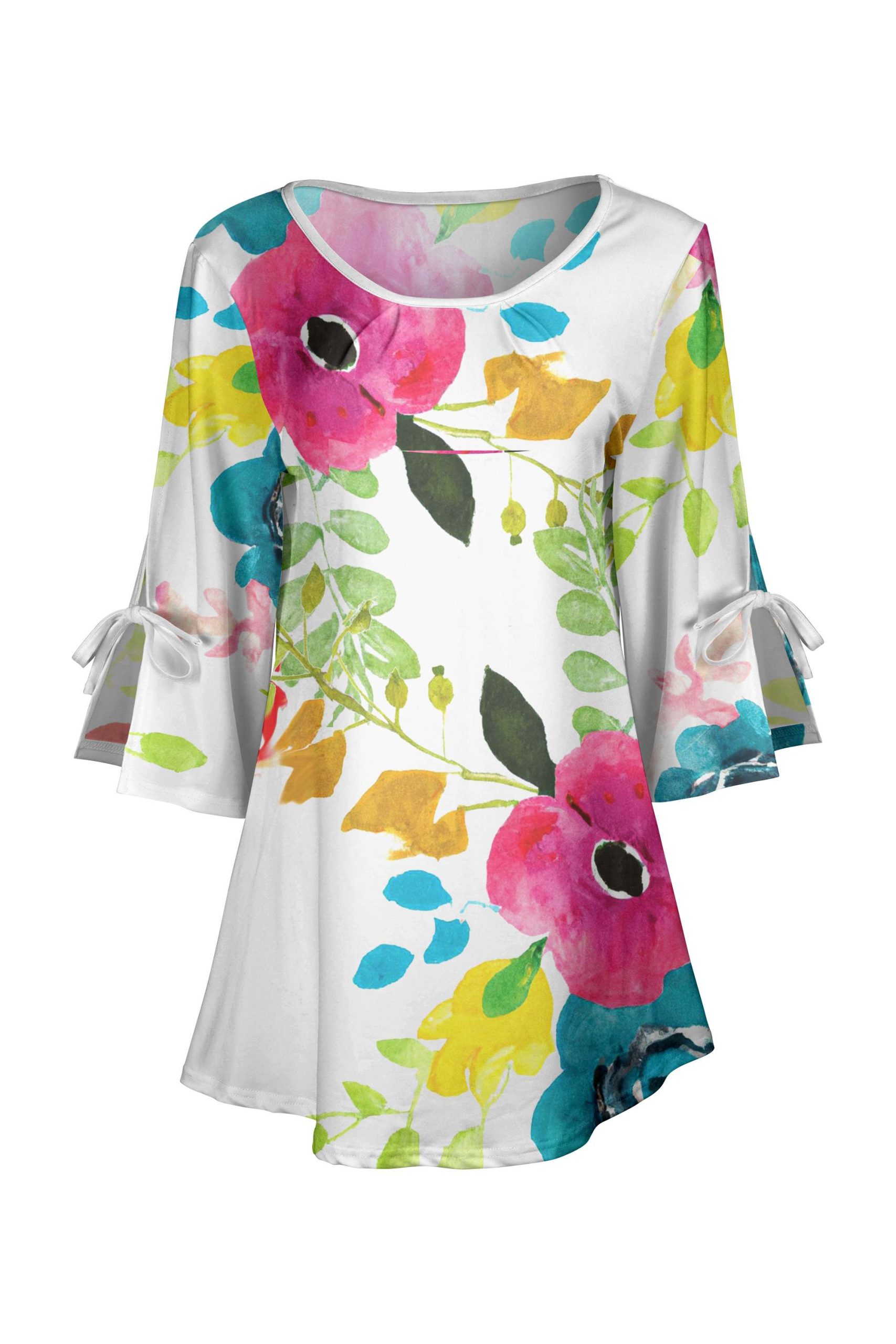 Lily by Firmiana Women's Round Neck Tunic with Split Hem ¾ Sleeves and Tie Detail White Floral with Pink & Blue Accents - Image 5