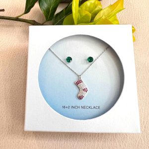 Sterling Silver Set of Earring and Charm Necklace Green Stone Stud and Stocking CZ Pave