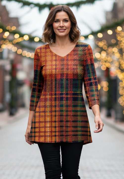 Lily by Firmiana Women's ¾ Sleeve V-Neck Tunic Orange & Red Gradient Plaid Tunic - Image 2