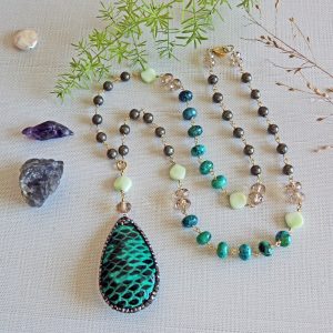 MGR Women's Genuine Turquoise and Pyrite Necklace with Green Teardrop Pendant