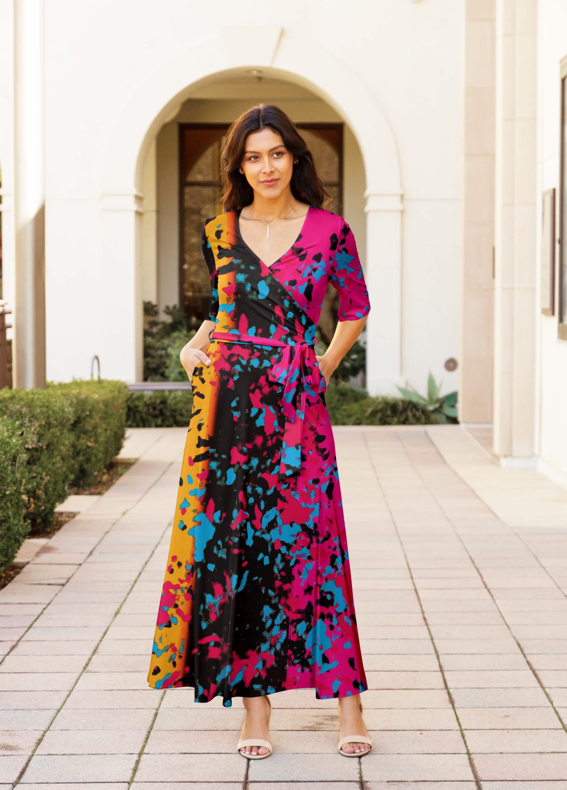 Lily by Firmiana Women's ? Sleeve Wrap-Style Maxi Dress with Tie Fuchsia & Blue Tropical Floral