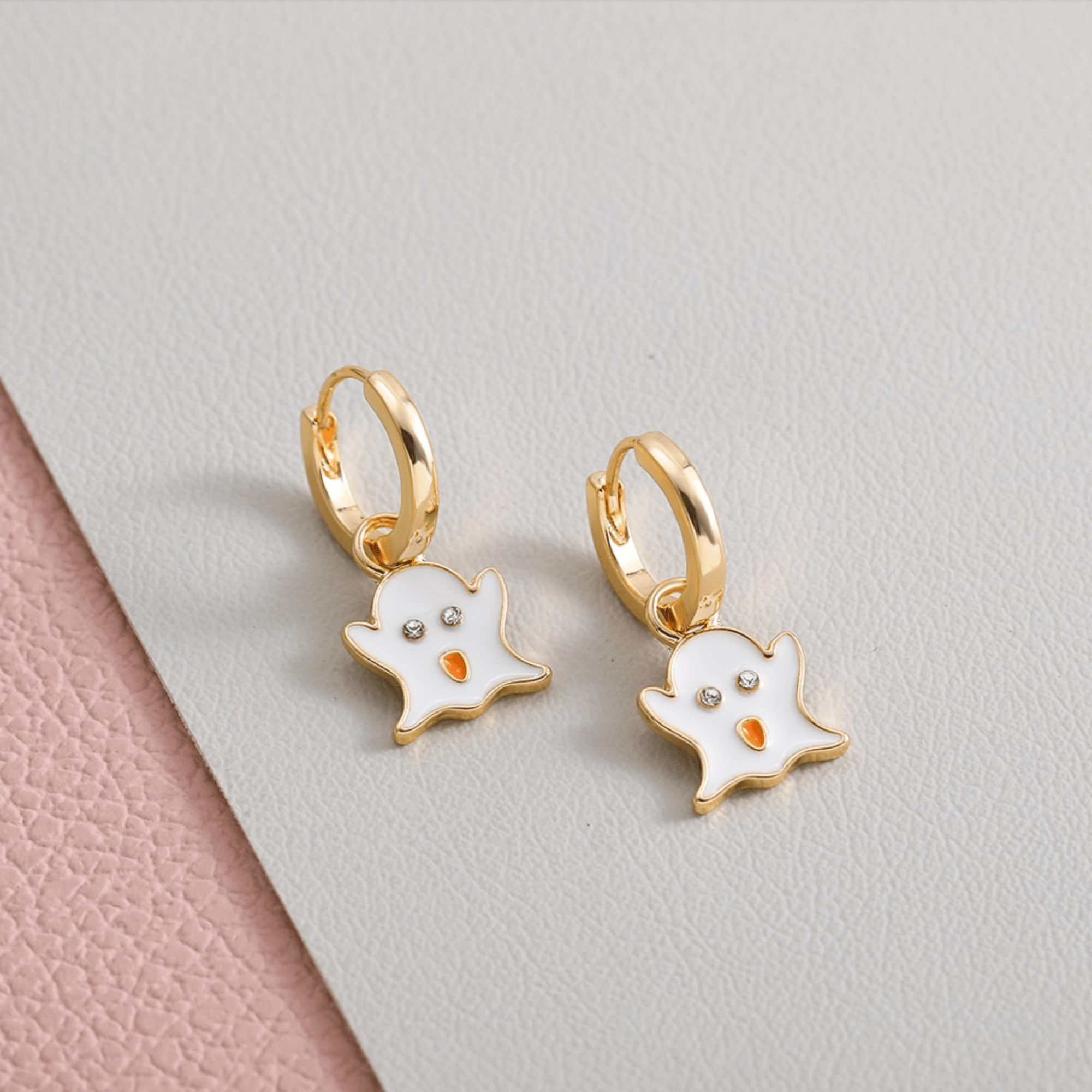 Goldtone White Cute Ghost Huggie Hoop Earrings