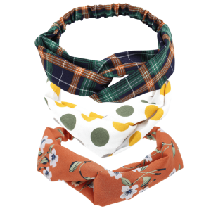 Set of 3 - Navy. Orange & Green Plaid Twisted Headband- Don't AsK