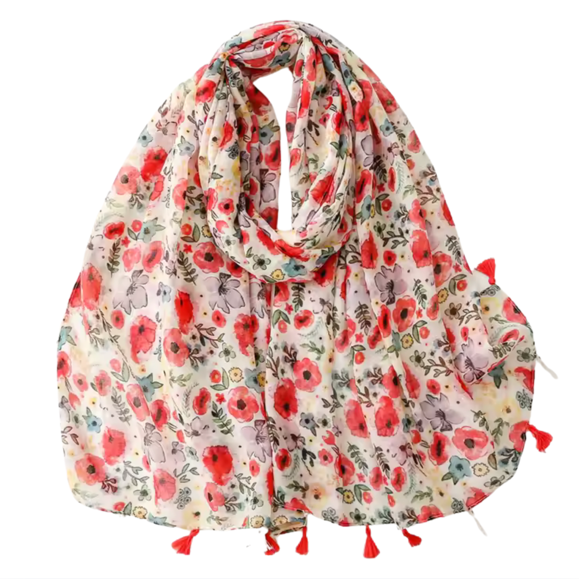 Floral Poppy Print Scarf with Tassel Accents