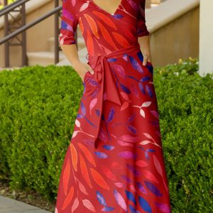 Lily by Firmiana Women's ? Sleeve Wrap-Style Maxi Dress with Tie Red & Blue Brushstroke Abstract