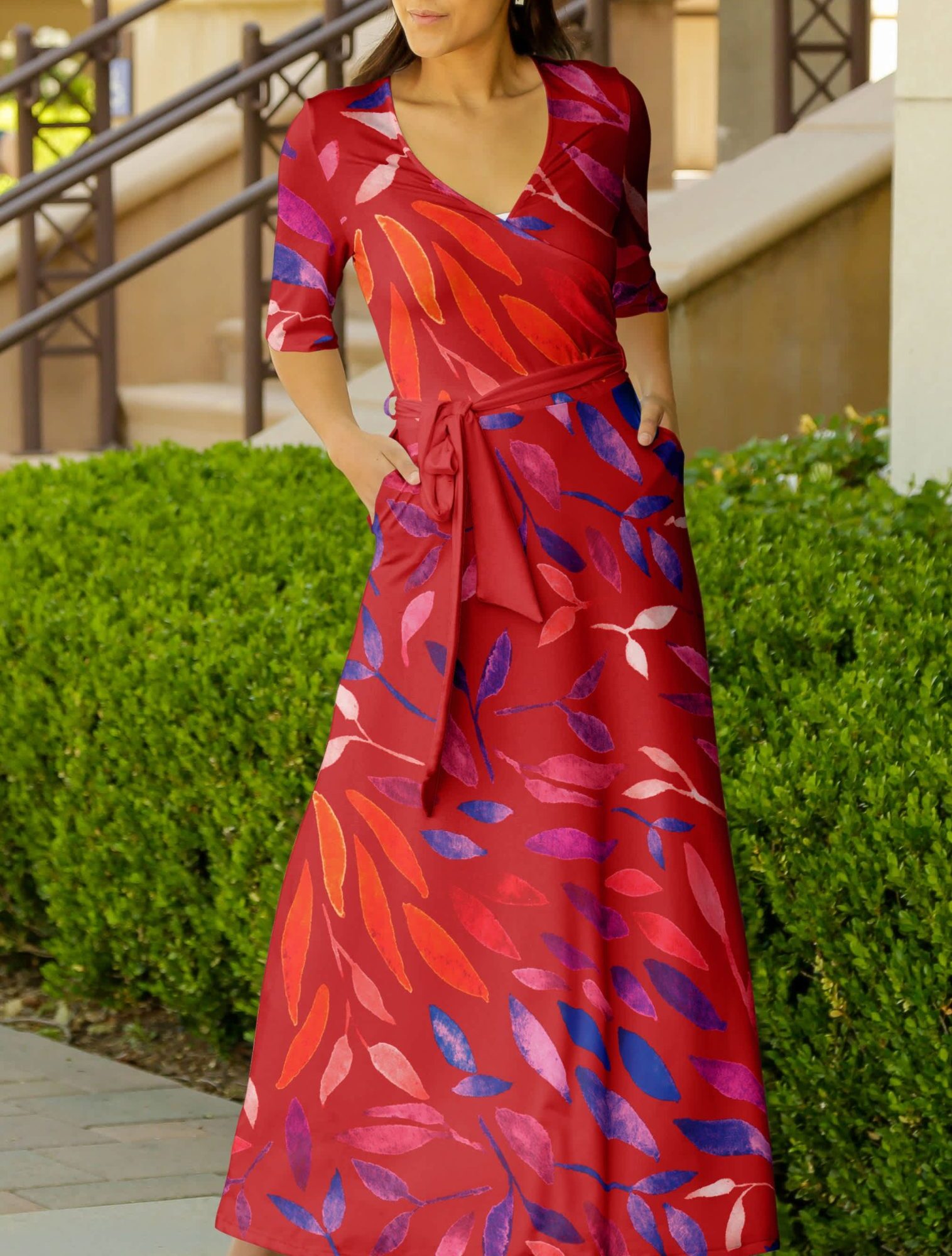 Lily by Firmiana Women's ? Sleeve Wrap-Style Maxi Dress with Tie Red & Blue Brushstroke Abstract