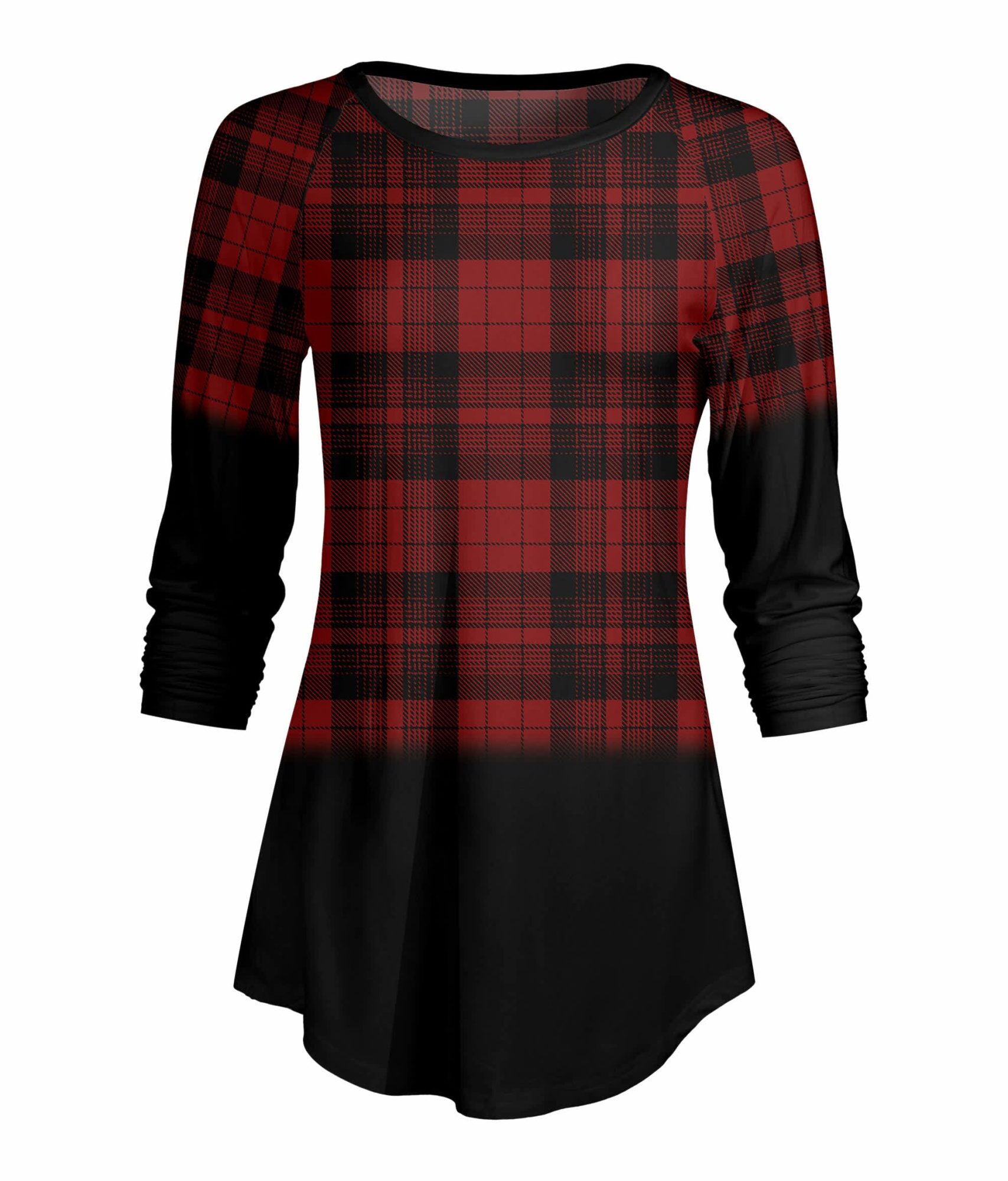 Lily by Firmiana Women's ¾ Sleeve Scoop Neck Tunic Top Red & Black Plaid Holiday