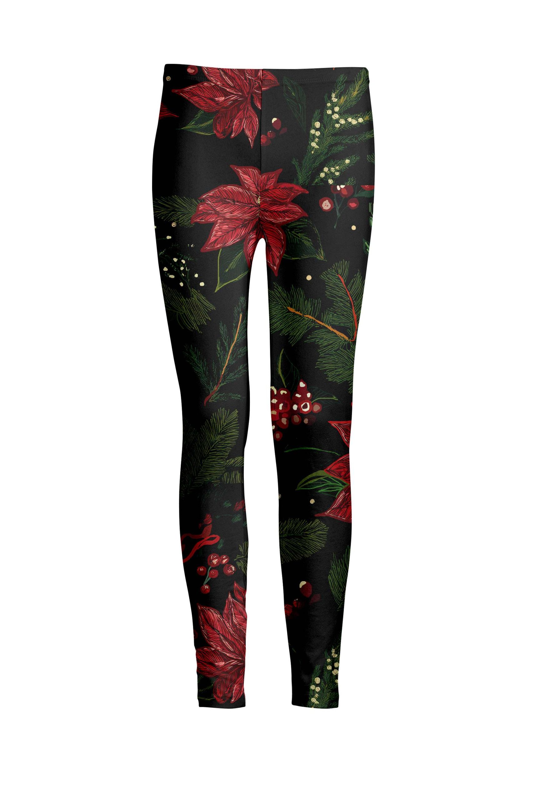 Lily by Firmiana Women's Medium Rise Printed Legging Black & Red Poinsettia Floral Holiday Print - Image 2