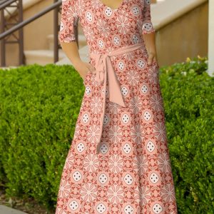 Lily by Firmiana Women's ? Sleeve Wrap-Style Maxi Dress with Tie Red & White Tile Print