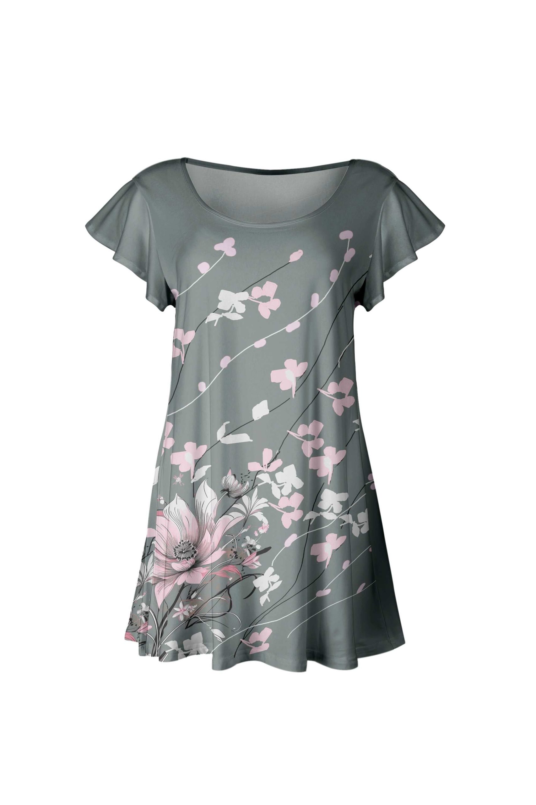 Lily by Firmiana Women's Short Sleeve Flutter Hem Tunic Top Gray & White Cherry Blossom Print - Image 5