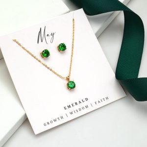 Gold Emerald - May Swarovski Crystal Necklace Earrings ?C Cz Birthstone Stud Earring Circular Pendant Set