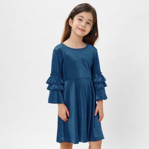 Blue Velvet Bell-Sleeve A-Line Dress
