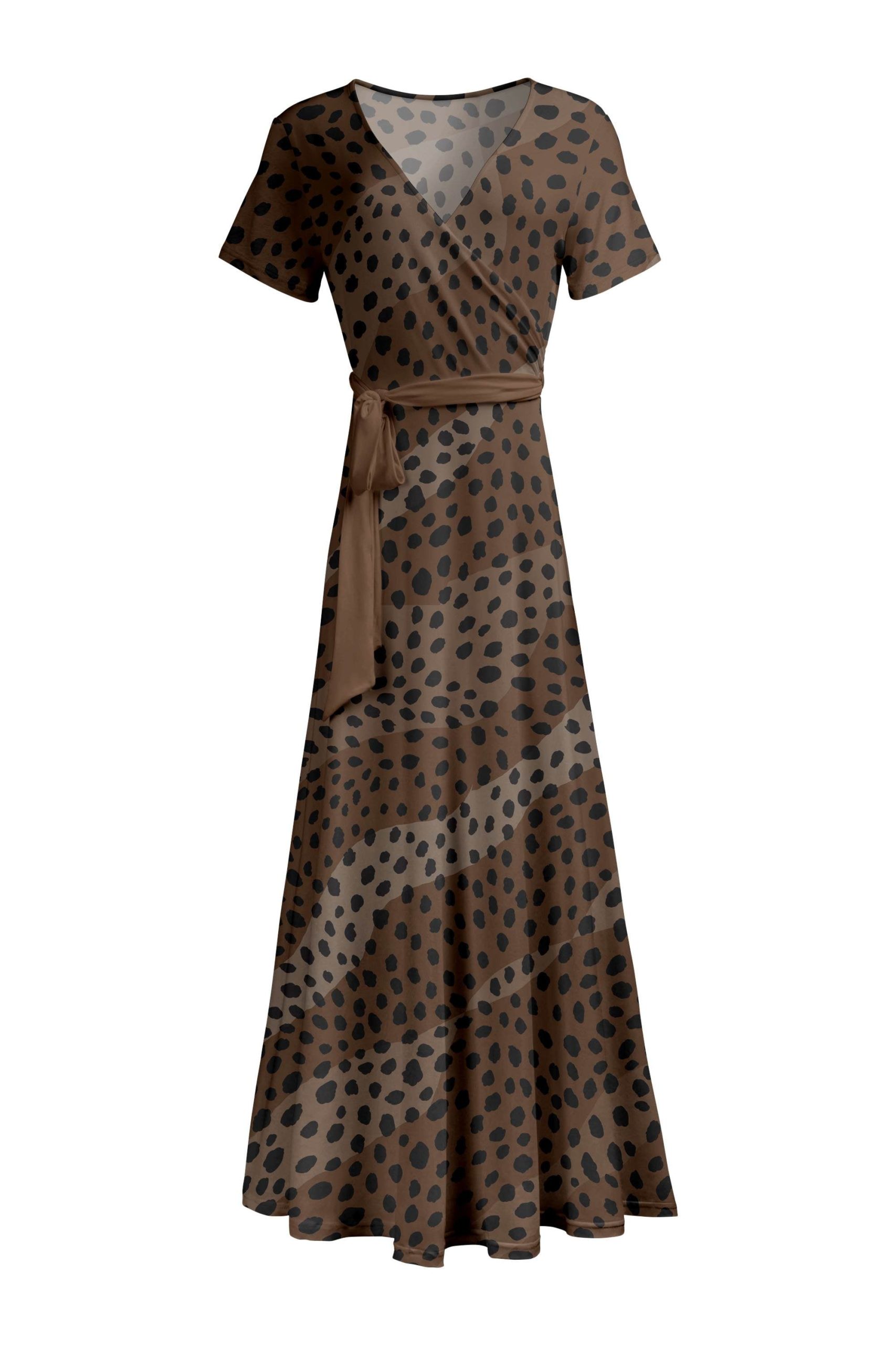 Lily by Firmiana Women's Short Sleeve Wrap-Style Maxi Dress with Tie Brown & Tan Dotted Geo Print