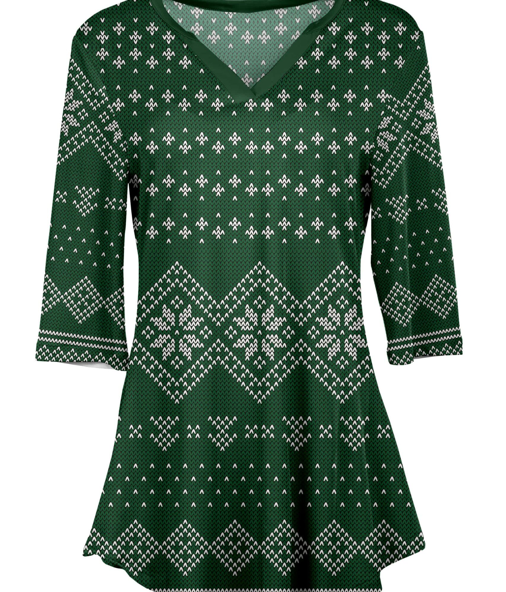 Lily by Firmiana Women's 3/4 Sleeve Notch Neck Tunic Emerald Fair Isle Holiday Sweater Print