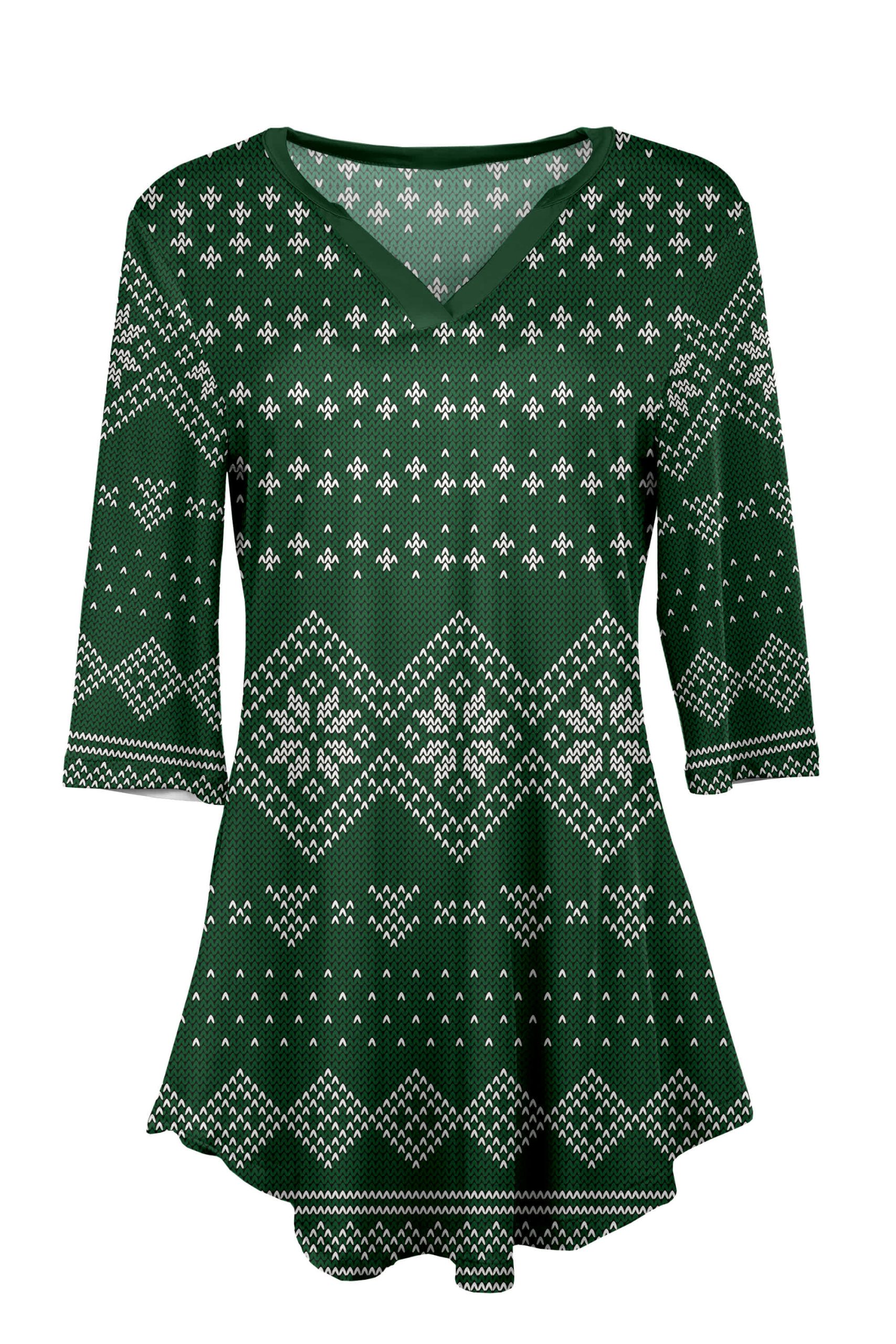 Lily by Firmiana Women's 3/4 Sleeve Notch Neck Tunic Emerald Fair Isle Holiday Sweater Print