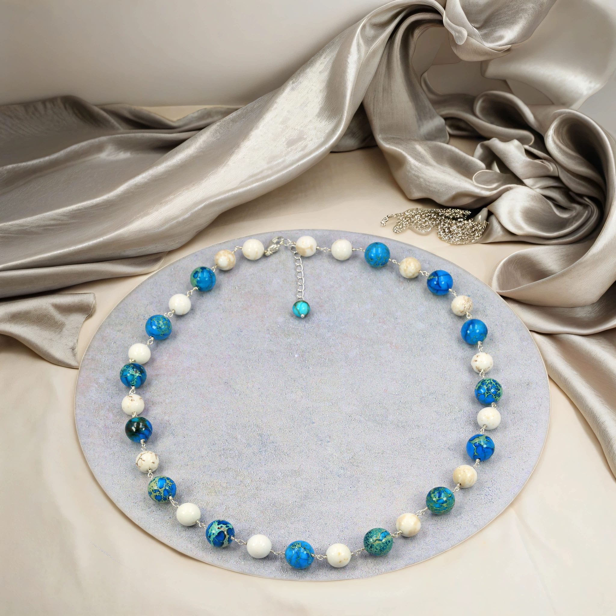 MGR Women's Mixed Stone Hand Wired Wrapped Imperial Jasper & White Magnesite Necklace