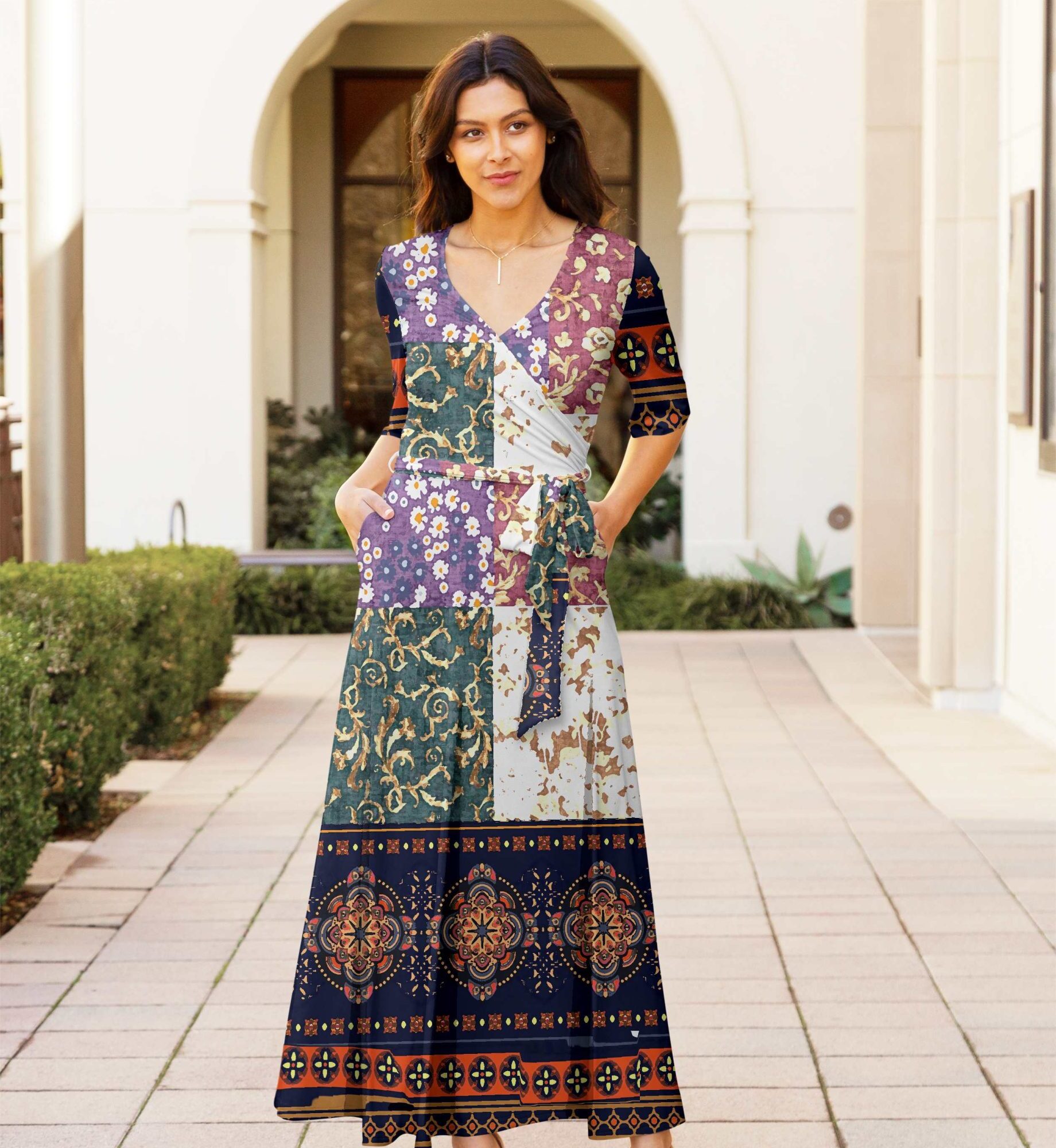 Lily by Firmiana Women's ? Sleeve Wrap-Style Maxi Dress with Tie Multicolor Patchwork Mix