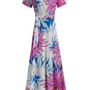 Lily by Firmiana Women's Short Sleeve Wrap-Style Maxi Dress with Tie Blue & Magenta Palm Floral