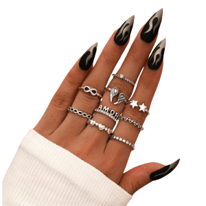 Silvertone Wing & Stars Ring Set