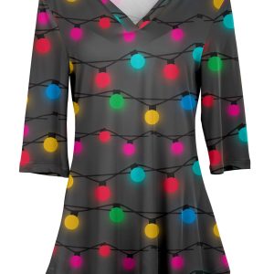 Lily by Firmiana Women's 3/4 Sleeve Notch Neck Tunic Charcoal Christmas Light Bulb Print
