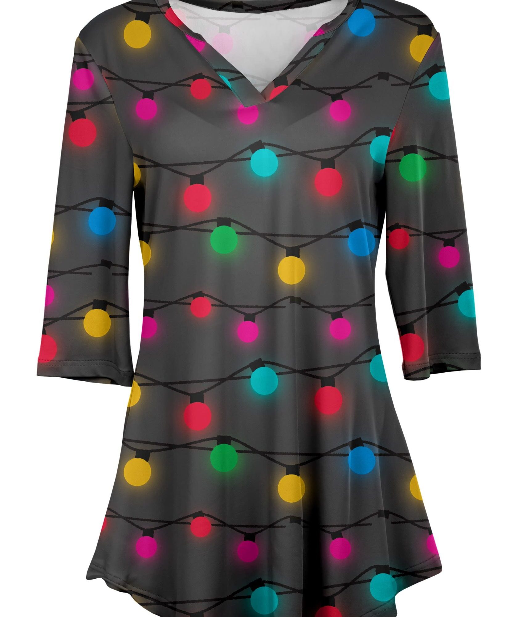 Lily by Firmiana Women's 3/4 Sleeve Notch Neck Tunic Charcoal Christmas Light Bulb Print