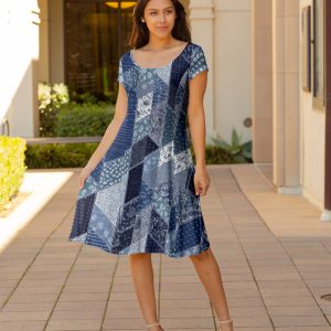 Lily by Firmiana Women's Cap Sleeve Short Dress Blue & White Floral Patchwork