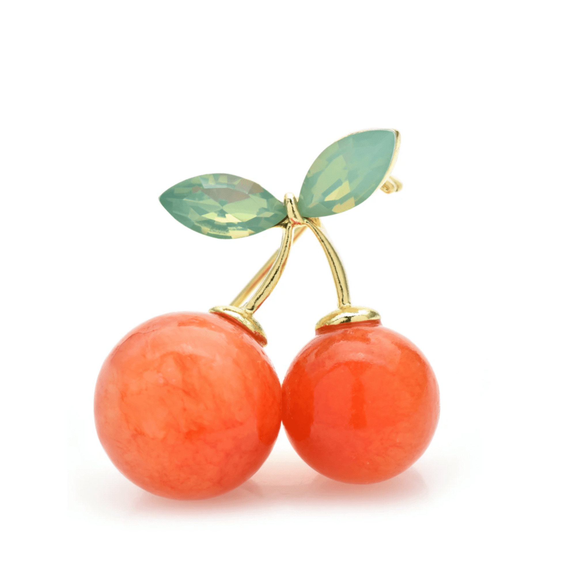 Don't AsK Orange & Green Crystal Cherry Stem Brooch ?C Playful Fruit Pin