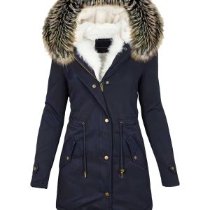 Chic YC Women's Navy Warm Winter Parka Coat Fleece Lined Military Jacket Women Faux Fur Hooded Coat