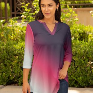 Lily by Firmiana Women's 3/4 Sleeve Notch Neck Tunic Purple & Pink Ombre Top