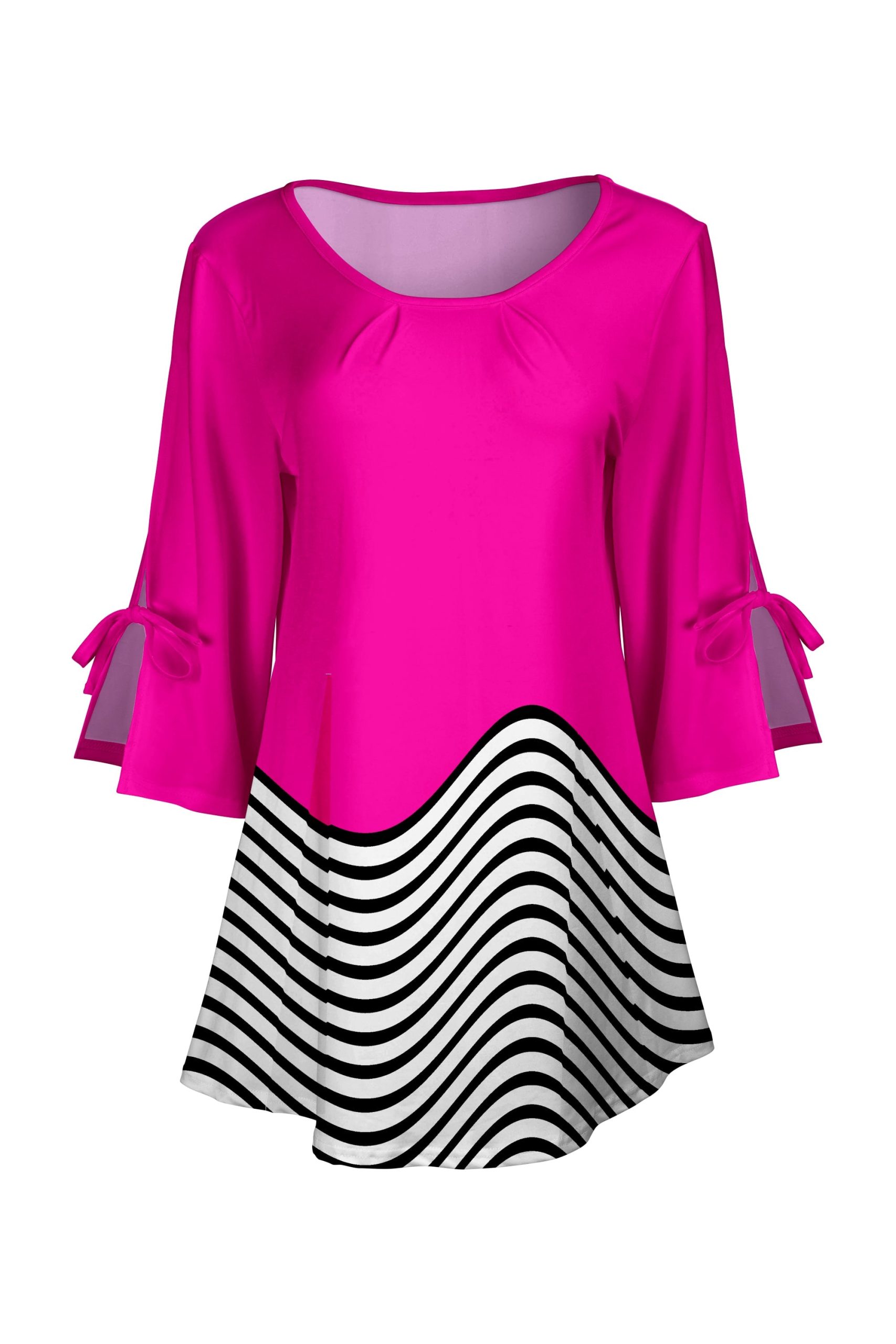 Lily by Firmiana Women's Round Neck Tunic with Split Hem ¾ Sleeves and Tie Detail Black & Fuchsia Colorblock Stripe