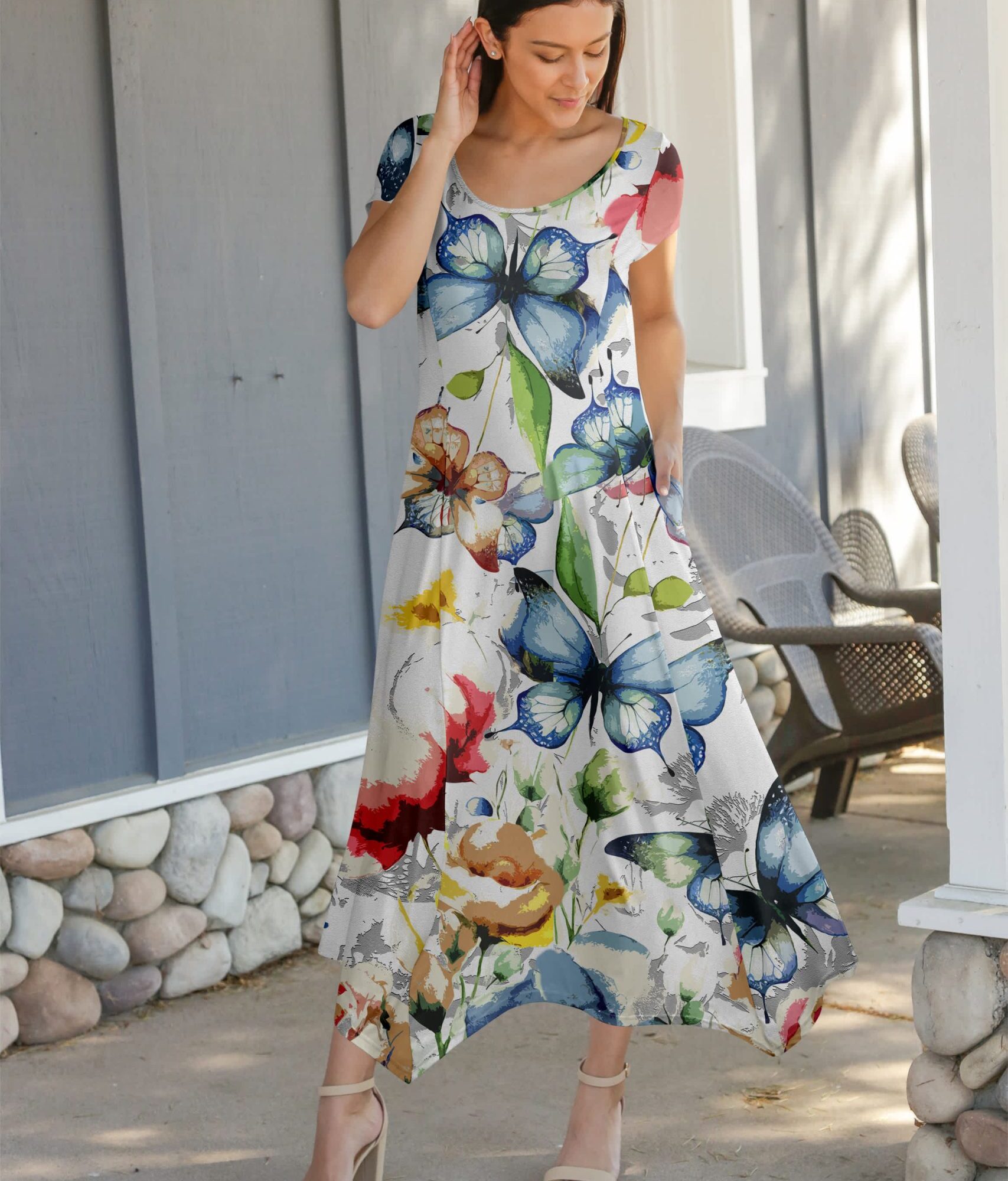 Lily by Firmiana Women's Cap Sleeve Fishtail Maxi Dress Blue & White Floral Abstract