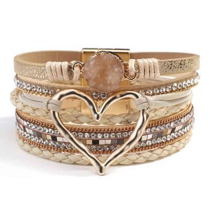 Tan Faux Leather Heart Multi-strand Bracelet