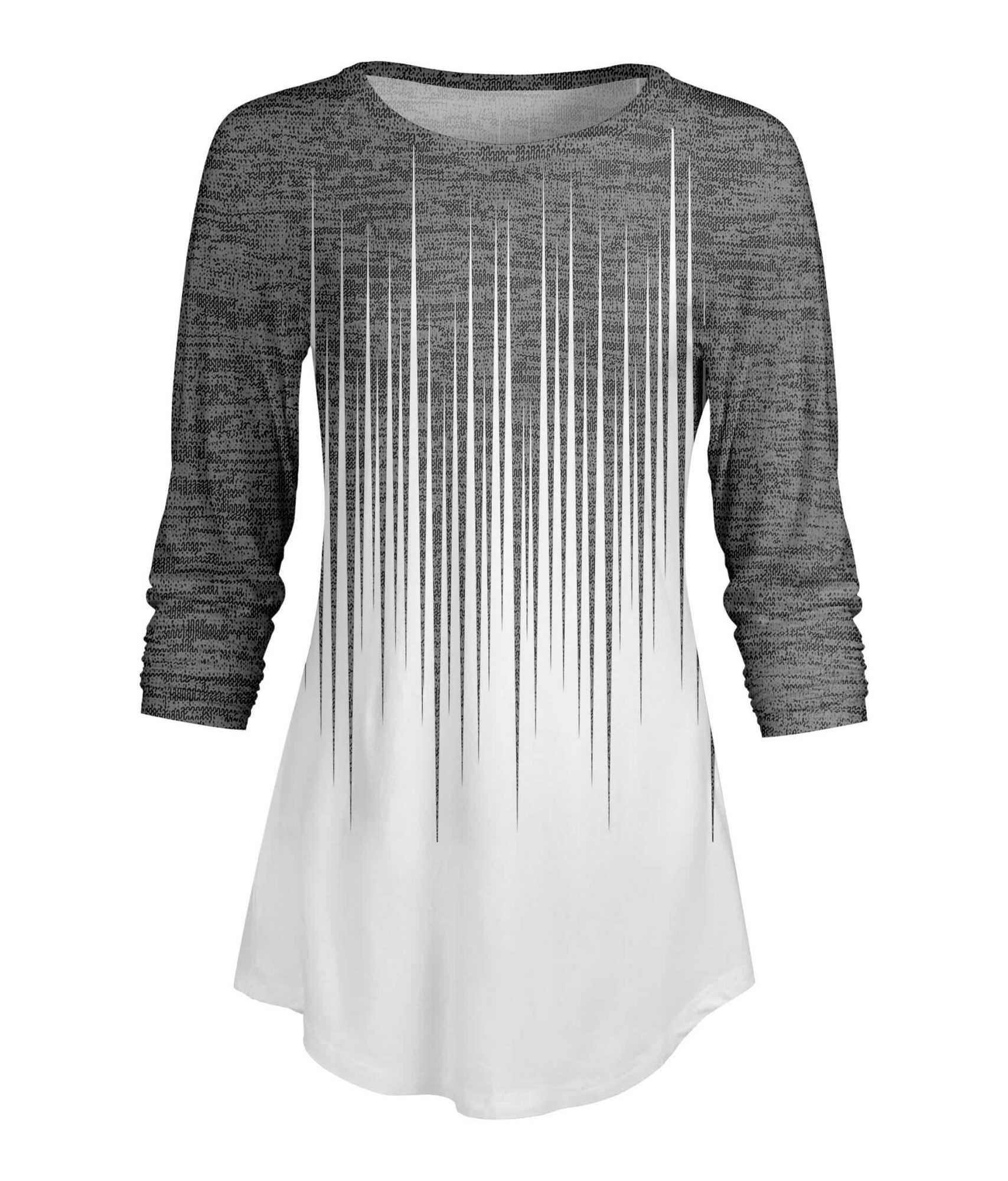 Lily by Firmiana Women's ¾ Sleeve Scoop Neck Tunic Top Grey and White Linear