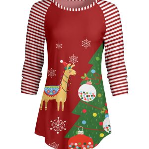 Lily by Firmiana Women's ¾ Sleeve Scoop Neck Tunic Top Red Christmas Print Tunic