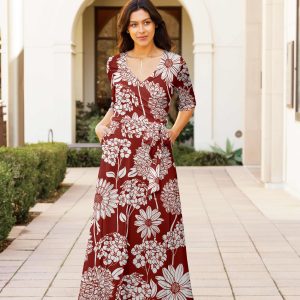 Lily by Firmiana Women's ? Sleeve Wrap-Style Maxi Dress with Tie Rust & White Floral Mix
