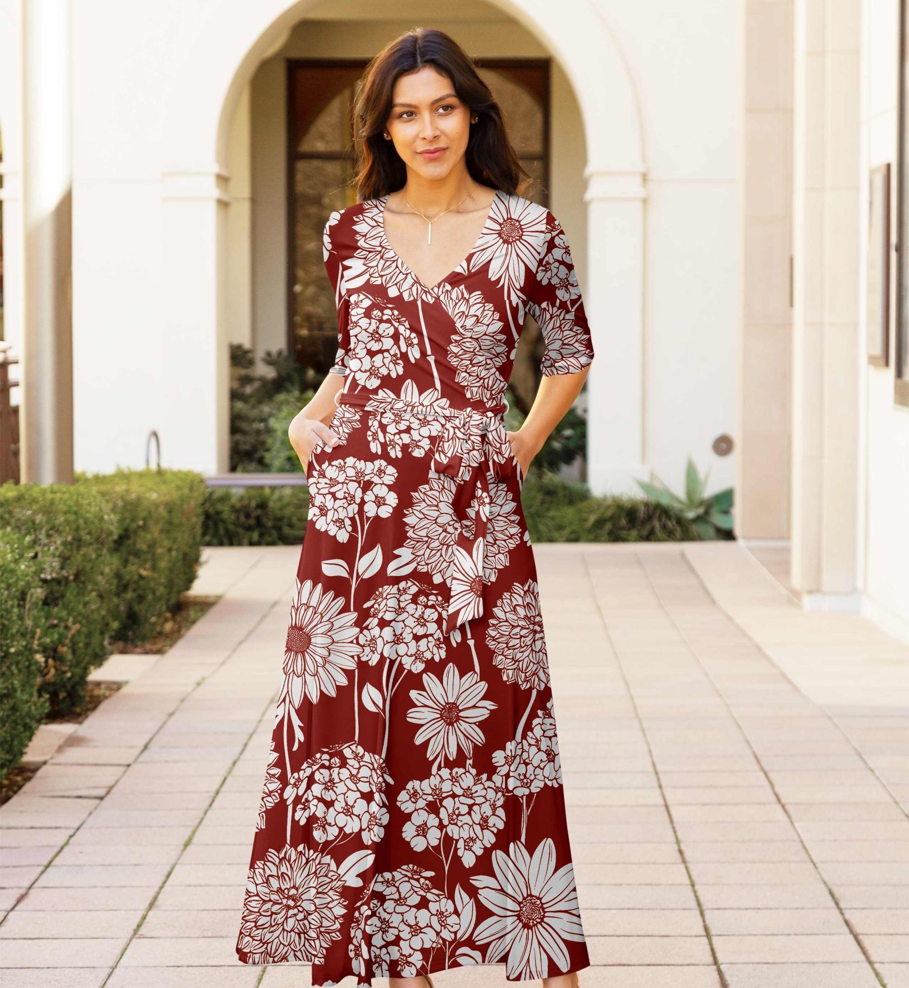 Lily by Firmiana Women's ? Sleeve Wrap-Style Maxi Dress with Tie Rust & White Floral Mix