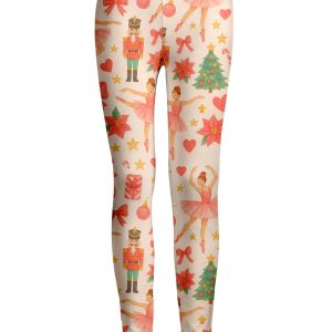 Lily by Firmiana Women's Medium Rise Printed Legging Beige & Red Holiday French Bulldog Print