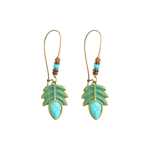 Turquoise Leaf Wood Bead Drop Earrings