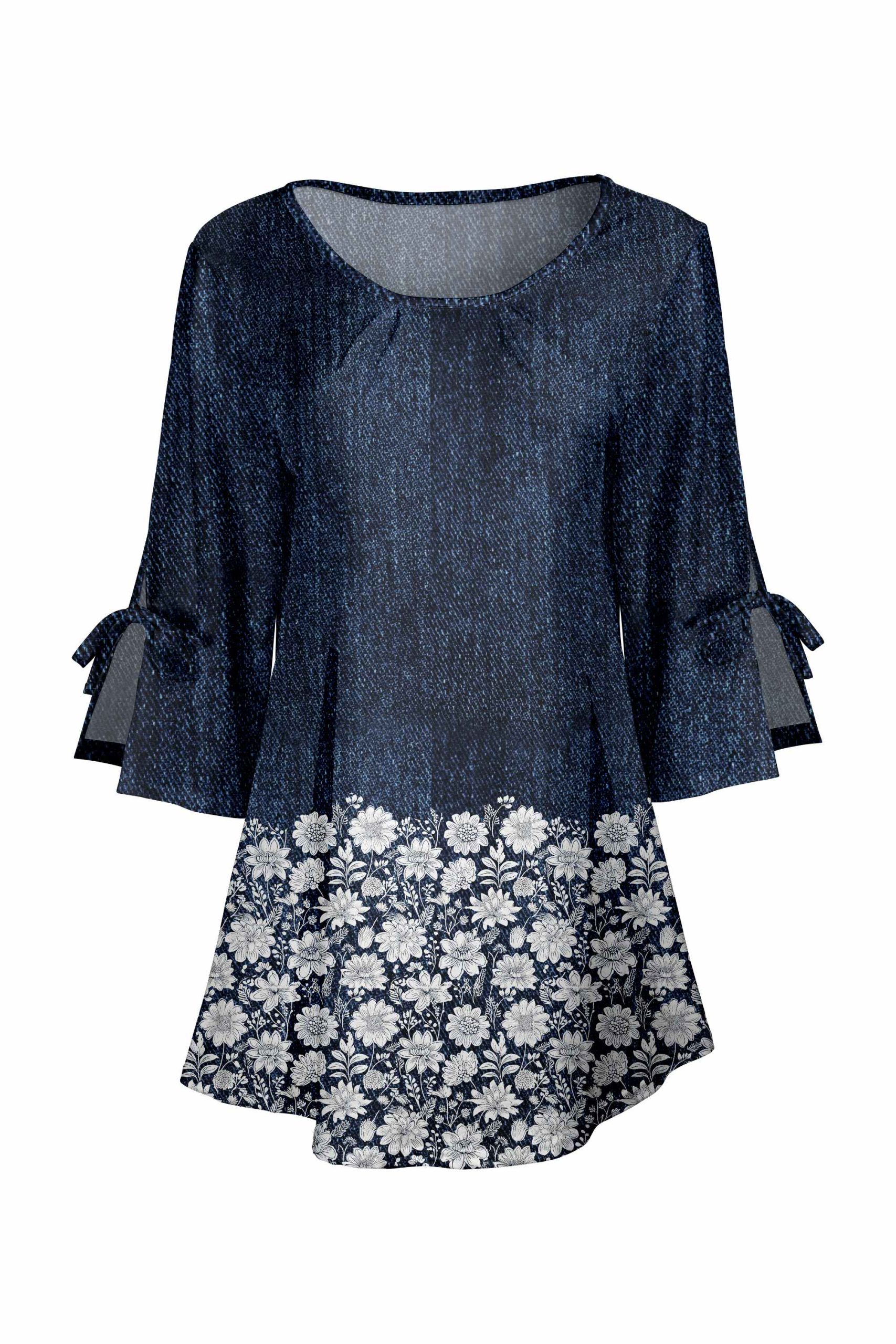 Lily by Firmiana Women's Round Neck Tunic with Split Hem ¾ Sleeves and Tie Detail Navy Denim & White Floral Hem - Image 6